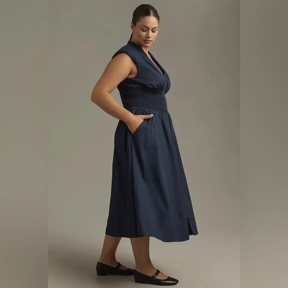 Anthropologie The Tommie Cap-Sleeve Smocked Front-Zip Shirt Midi Dress - Picture 4 of 5